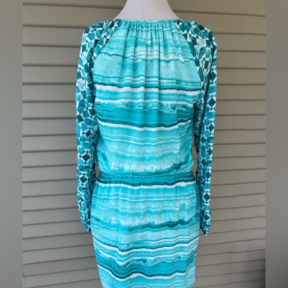 Michael Kors Turquoise Blue Watercolor Geometric Long Sleeve Dress - Picture 3 of 6